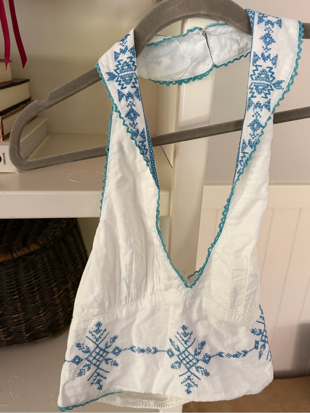 Free People White Tank Top with Blue Embroidery